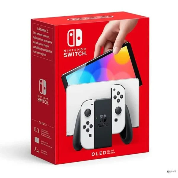 Nintendo Switch (modèle OLED) avec station d’accueil et manettes Joy-Con blanches