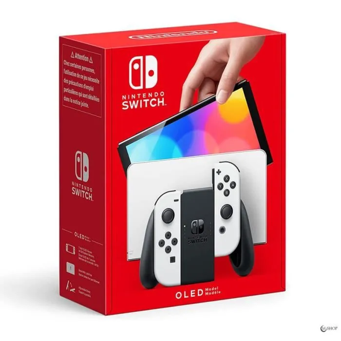 Nintendo Switch (modèle OLED) avec station d’accueil et manettes Joy-Con blanches