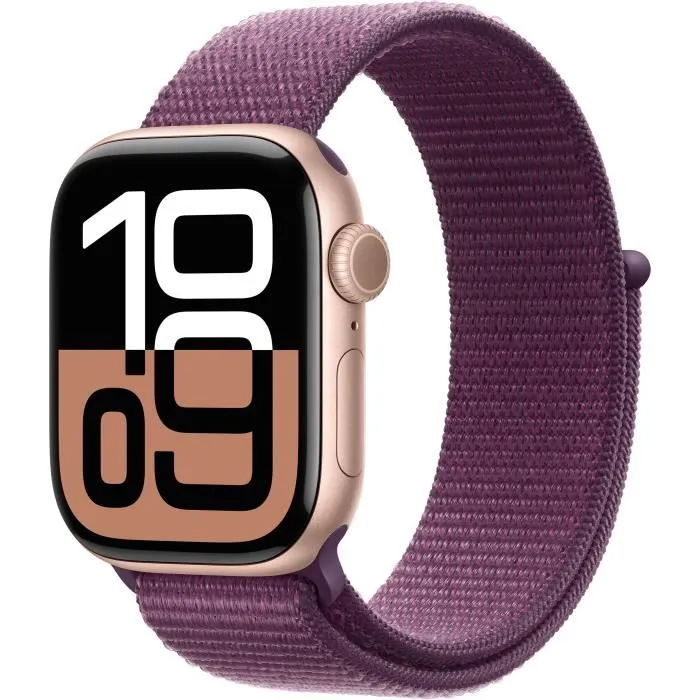 Apple Watch Series 10 GPS – 42mm – Boîtier Rose Gold Aluminium – Bracelet Plum Sport Loop