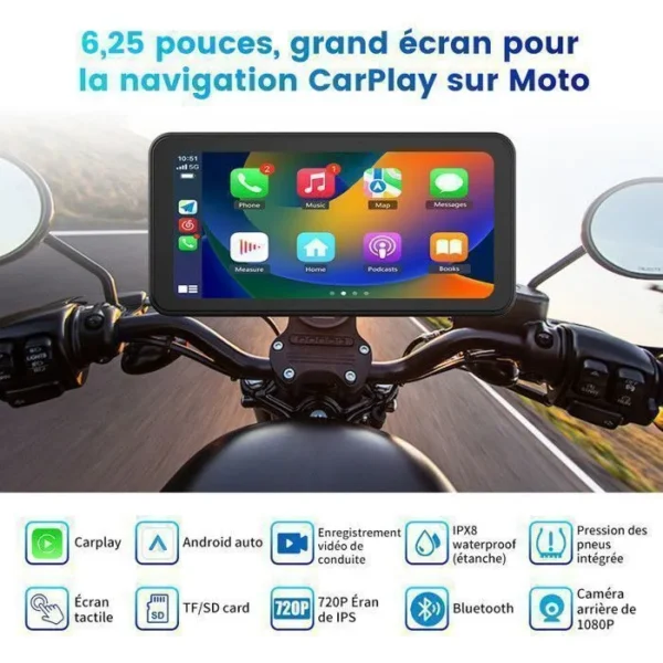 Autoradio Moto - AWESAFE - 6.25" Écran Tactile - CarPlay - Android Auto - Étanche avec DVR – Image 2