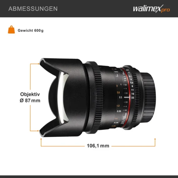 Walimex Pro Objectif grand angle 10 mm T3.1 VDSLR Canon EF-S pour Canon EOS 100, 1200, 650, 70, 700, Kiss X6i, Kiss X70 – Image 2