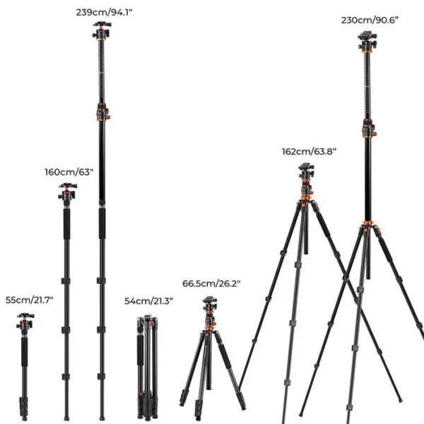 90"-230 cm Trépied Appareil Photo, Trépied Photo Portable avec Axe Universel et Monopode, Trépied Caméra Prise de Vue Multi-angle – Image 3